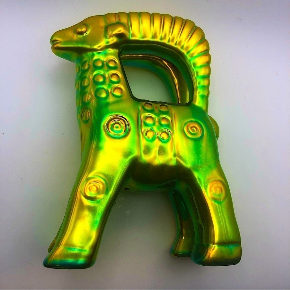 VTG Zsolnay Art Deco Style Green Gold Eosin Glaze Porcelain Ram Figurine - 6”